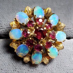 Stunning 14k Gold Opal & Ruby Halo Cluster Ring